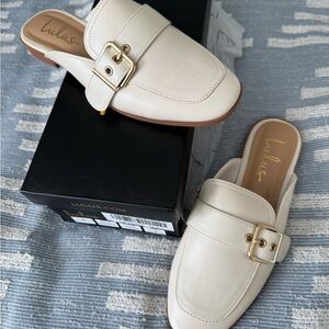 Lulu's Cream Buckle Mules